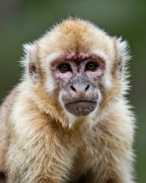 A close-up portrait of a capuchin monkey looking directly at the camera against a soft green blurred background