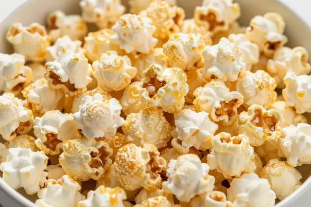 A close-up view of a white bowl filled with glossy caramel-dusted popcorn kernels
