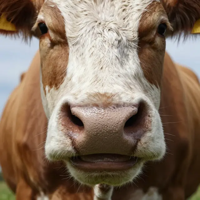 Extreme close-up of a brown and white cow's wet glistening nose looking directly at the camera