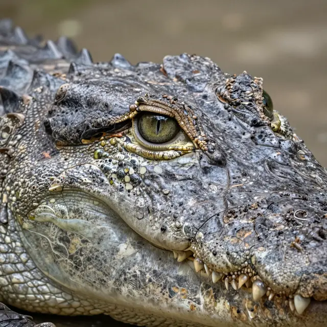 Extreme close-up of a crocodile's head highlighting its slit pupil and rough textured scales.