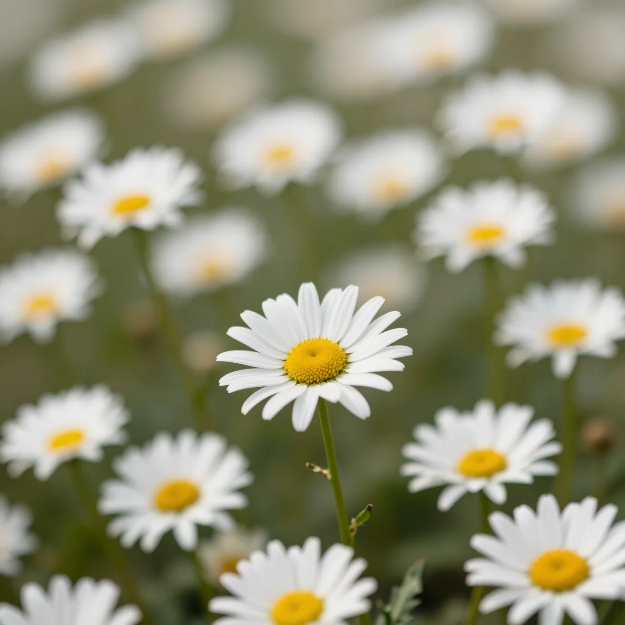 A sharp central white daisy stands out amid a blurred field of daisies with shallow depth of field