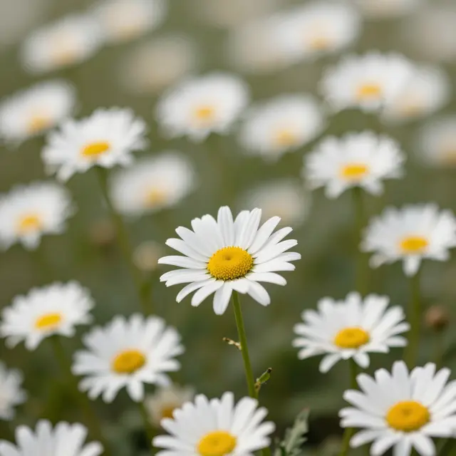 A sharp central white daisy stands out amid a blurred field of daisies with shallow depth of field