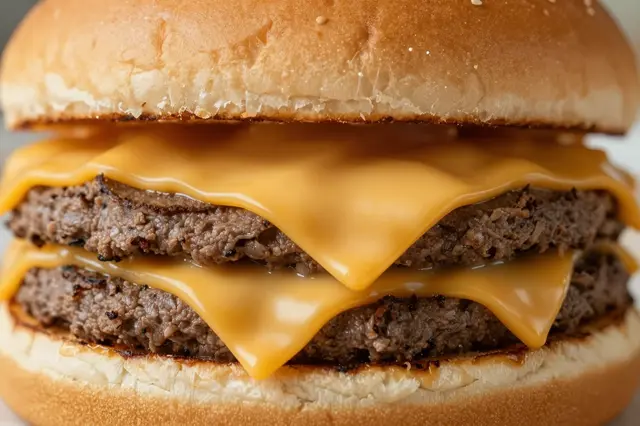 Extreme close-up view of a double cheeseburger with melted oozing cheese between grilled beef patties
