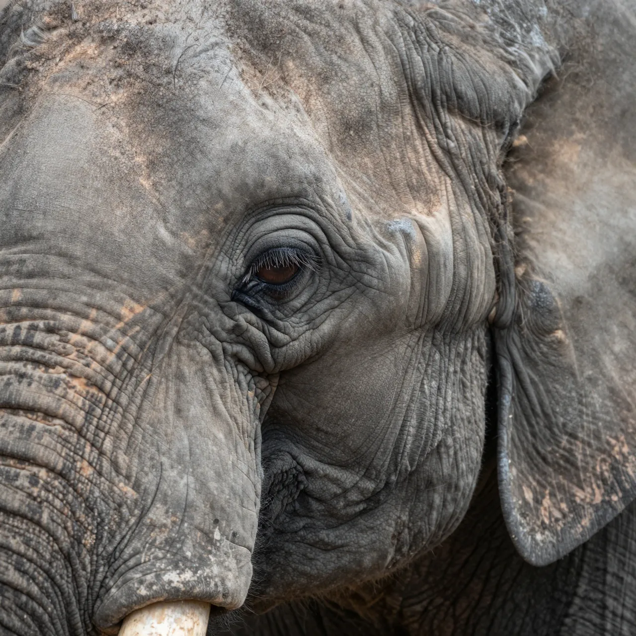Extreme close-up of an elephant's face focusing on its wrinkled skin and long-lashed eye