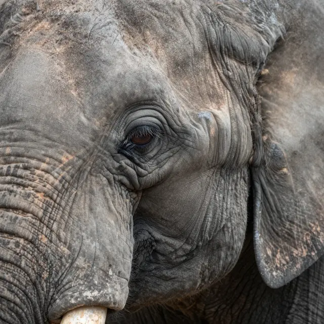 Extreme close-up of an elephant's face focusing on its wrinkled skin and long-lashed eye