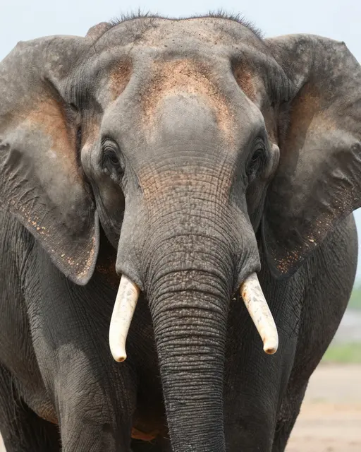 Front-facing close-up portrait of an elephant with tusks looking directly at the camera