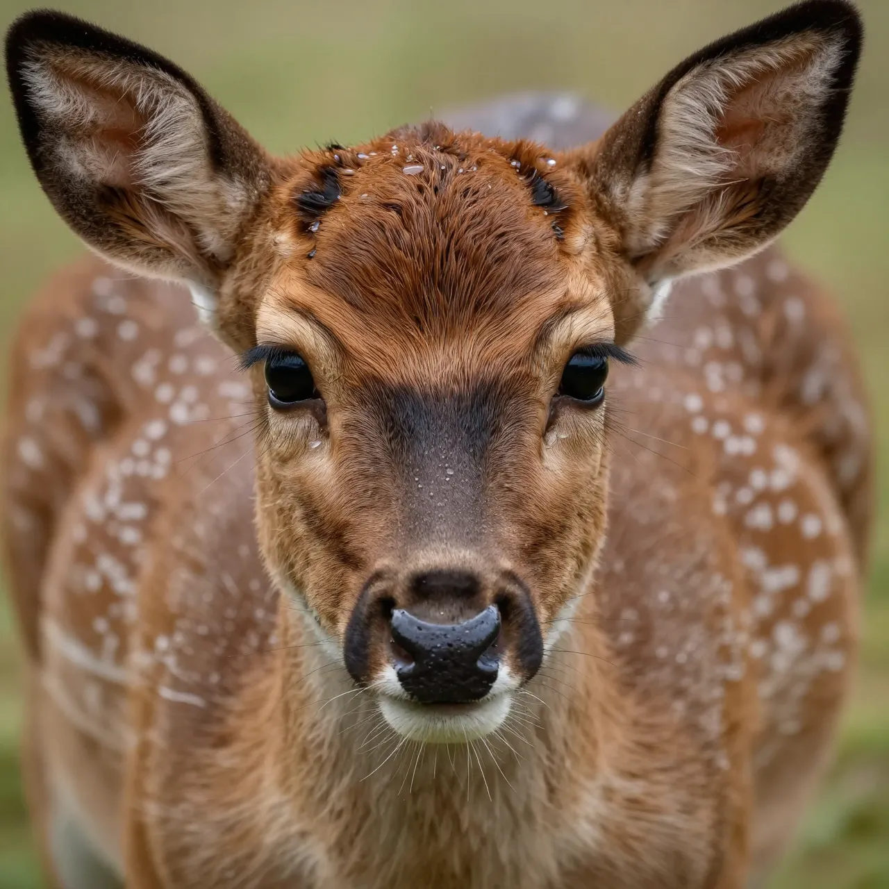A close-up front view of a spotted fawn facing the camera, with dew droplets on its face and whiskers.