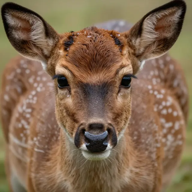 A close-up front view of a spotted fawn facing the camera, with dew droplets on its face and whiskers.