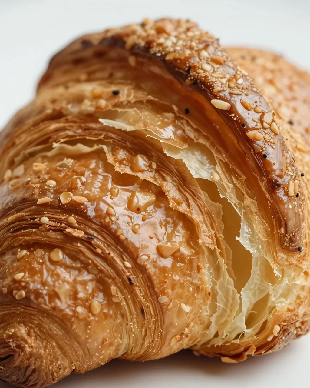 Close-up view of a torn, glazed croissant showing its delicate layered flaky pastry structure