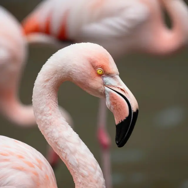 A close-up of a pink flamingo's curved neck and beak, with blurred flamingos in the background