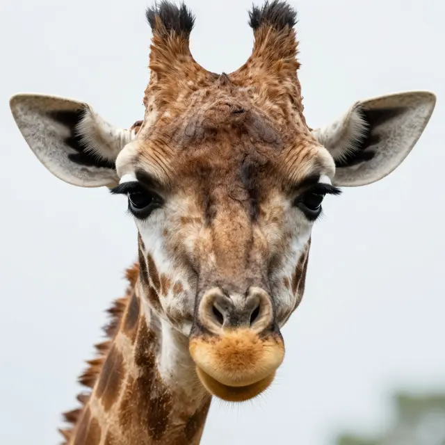 Close-up frontal portrait of a giraffe's face showing its long eyelashes against a pale blurred background