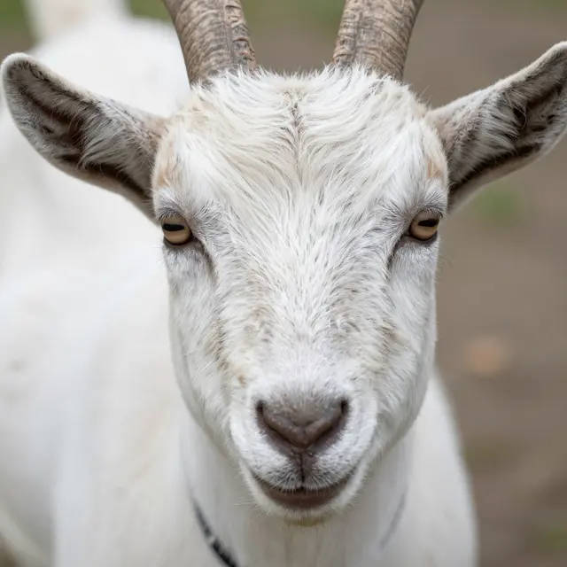 Close-up portrait of a white horned goat looking directly at the camera, showing its rectangular pupils