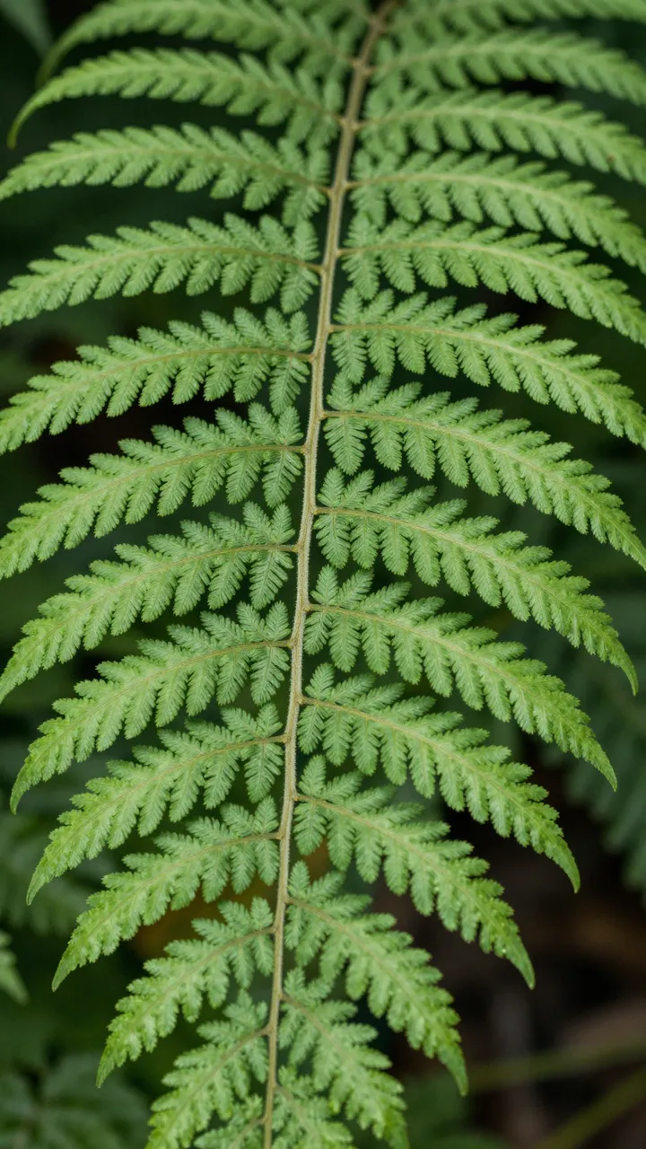 Sharp close-up of a delicate feathery green fern frond against a soft dark blurred background