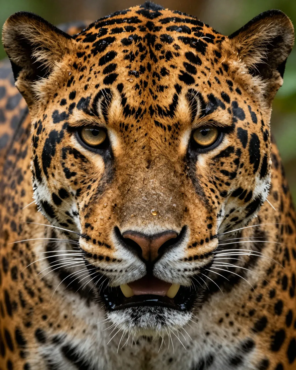 Close-up frontal portrait of a jaguar with rosette fur, golden eyes, and raindrops on its face.
