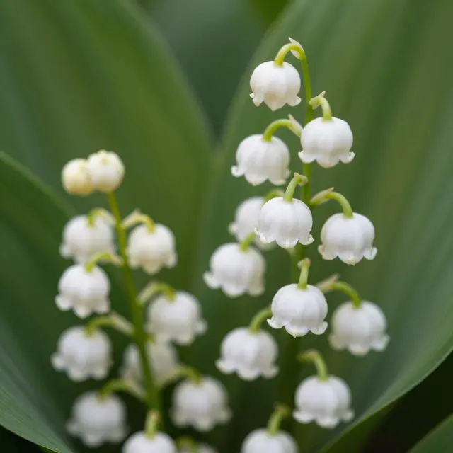 Close-up of lily of the valley sprays with tiny white bell flowers against broad green leaves