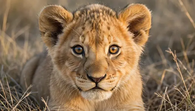 A fluffy lion cub with large amber eyes looks directly at the camera while resting in dry sunlit grass.