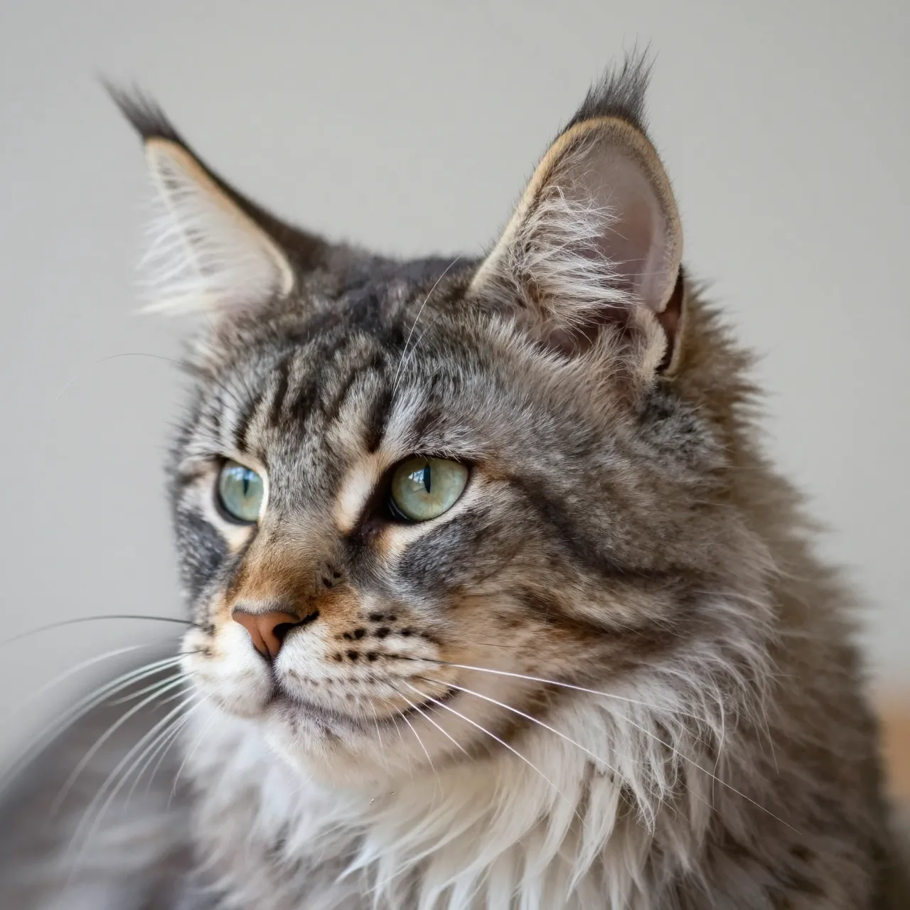Close up portrait of a long furred Maine Coon with tufted ears and pale green eyes looking left