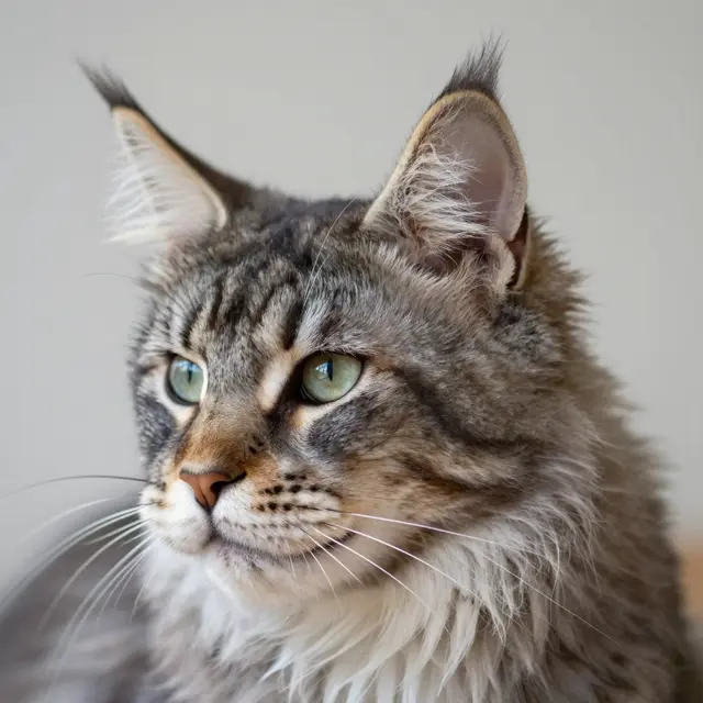 Close up portrait of a long furred Maine Coon with tufted ears and pale green eyes looking left