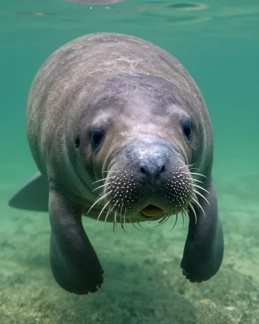 A manatee swims toward the camera in clear green shallow water, looking directly at the viewer.