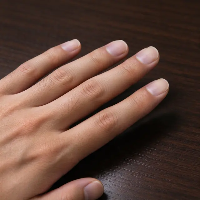 East Asian man's hand with short square buffed nails rests on a dark wood table
