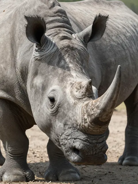 Close-up front view of a gray rhinoceros showing its wrinkled skin, horns, and dark eye standing on dry dirt ground.