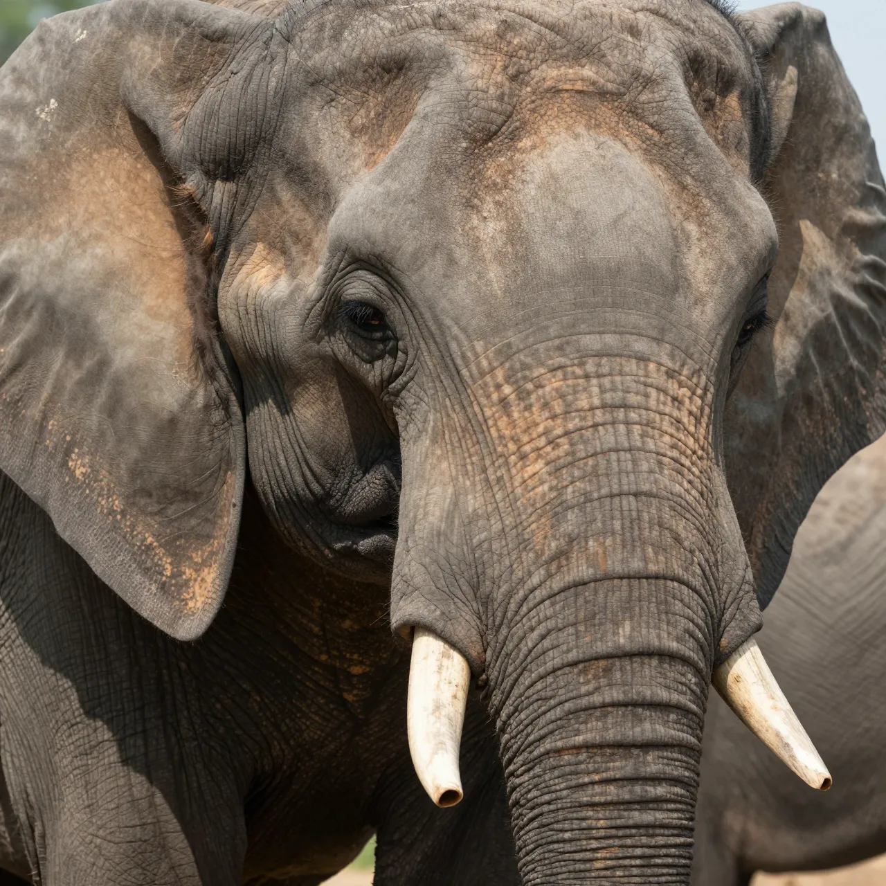 Close-up front view of an adult elephant's face showing wrinkled grey skin and ivory tusks