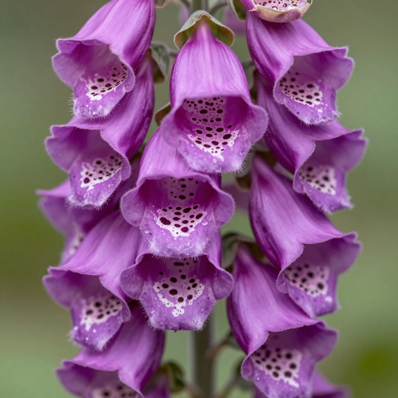 Macro close-up of clustered purple spotted foxglove bell flowers against a soft blurred green background