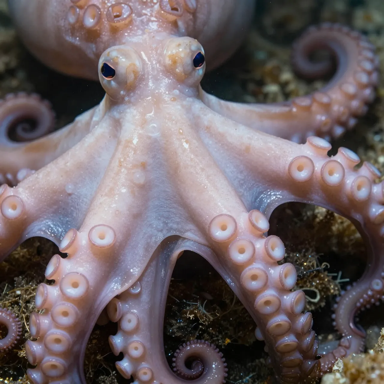 A close-up view of a pale pink octopus resting on an underwater rocky seabed, facing the camera with curled tentacles and