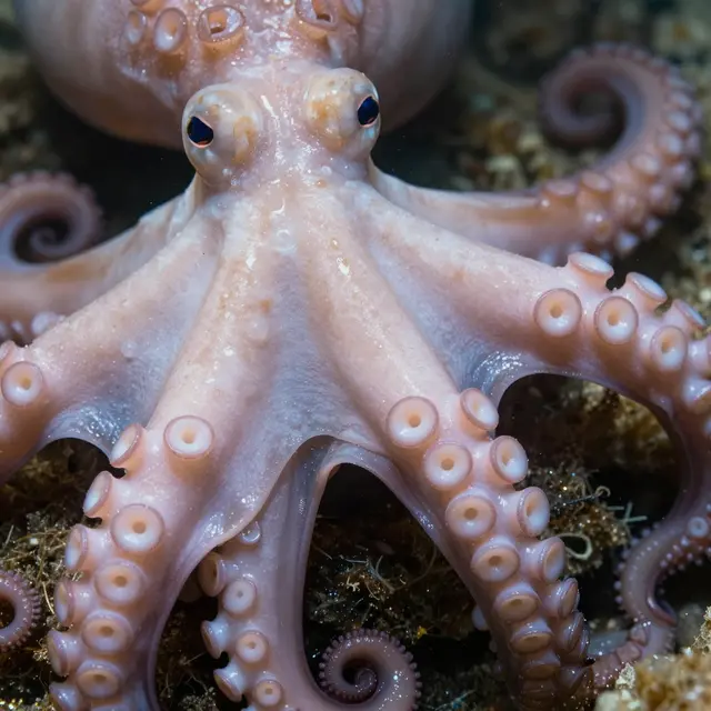 A close-up view of a pale pink octopus resting on an underwater rocky seabed, facing the camera with curled tentacles and