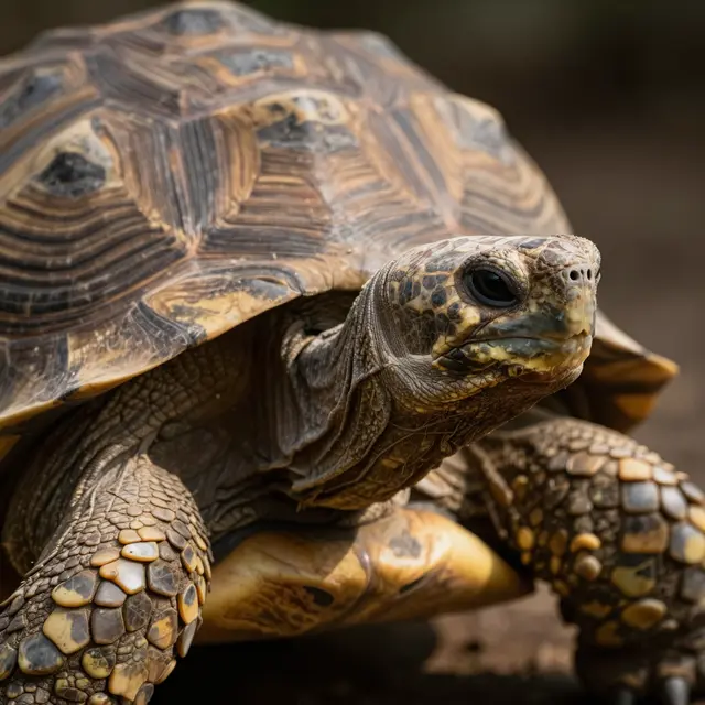 Close-up portrait of an old tortoise with a wrinkled face and textured shell in warm side lighting