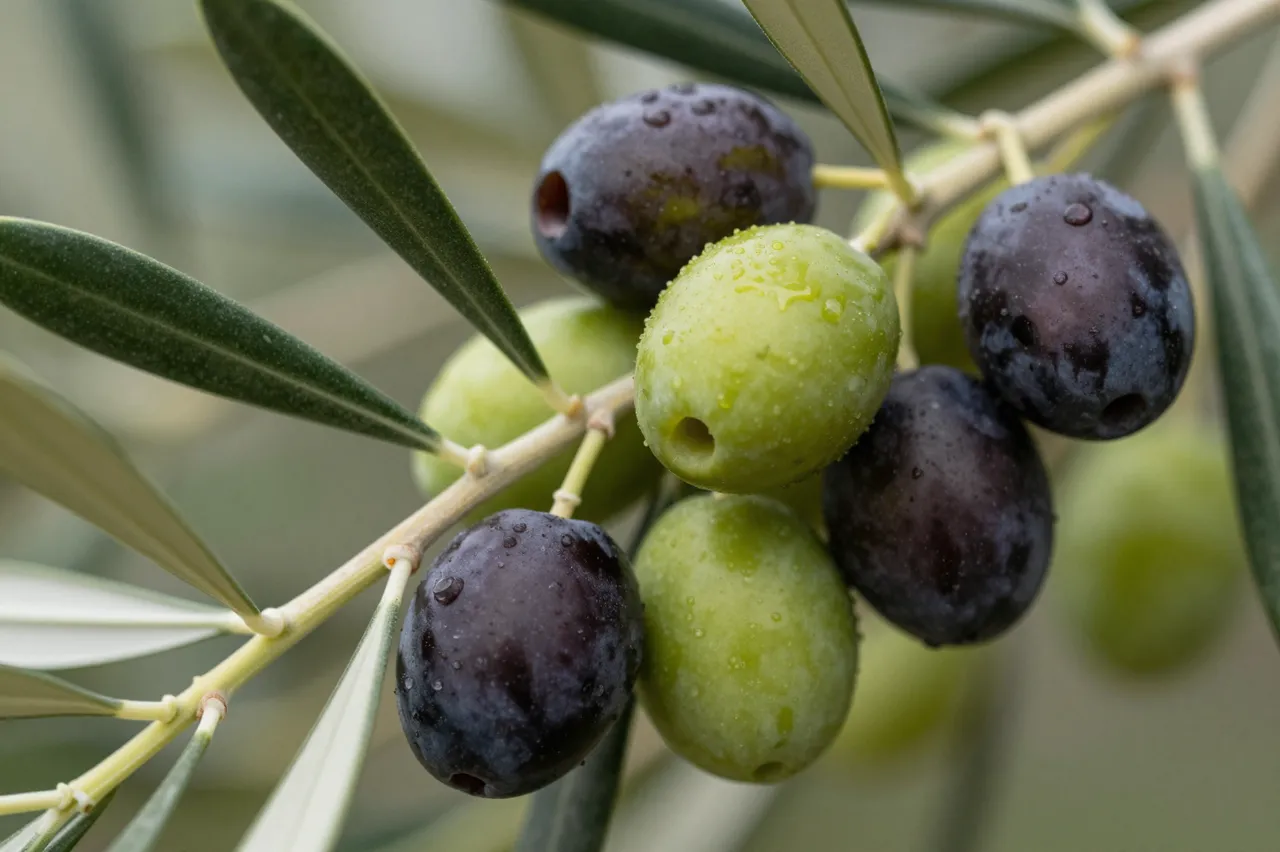 Close-up of an olive branch holding green and dark purple olives dotted with water droplets alongside silvery green leaves.