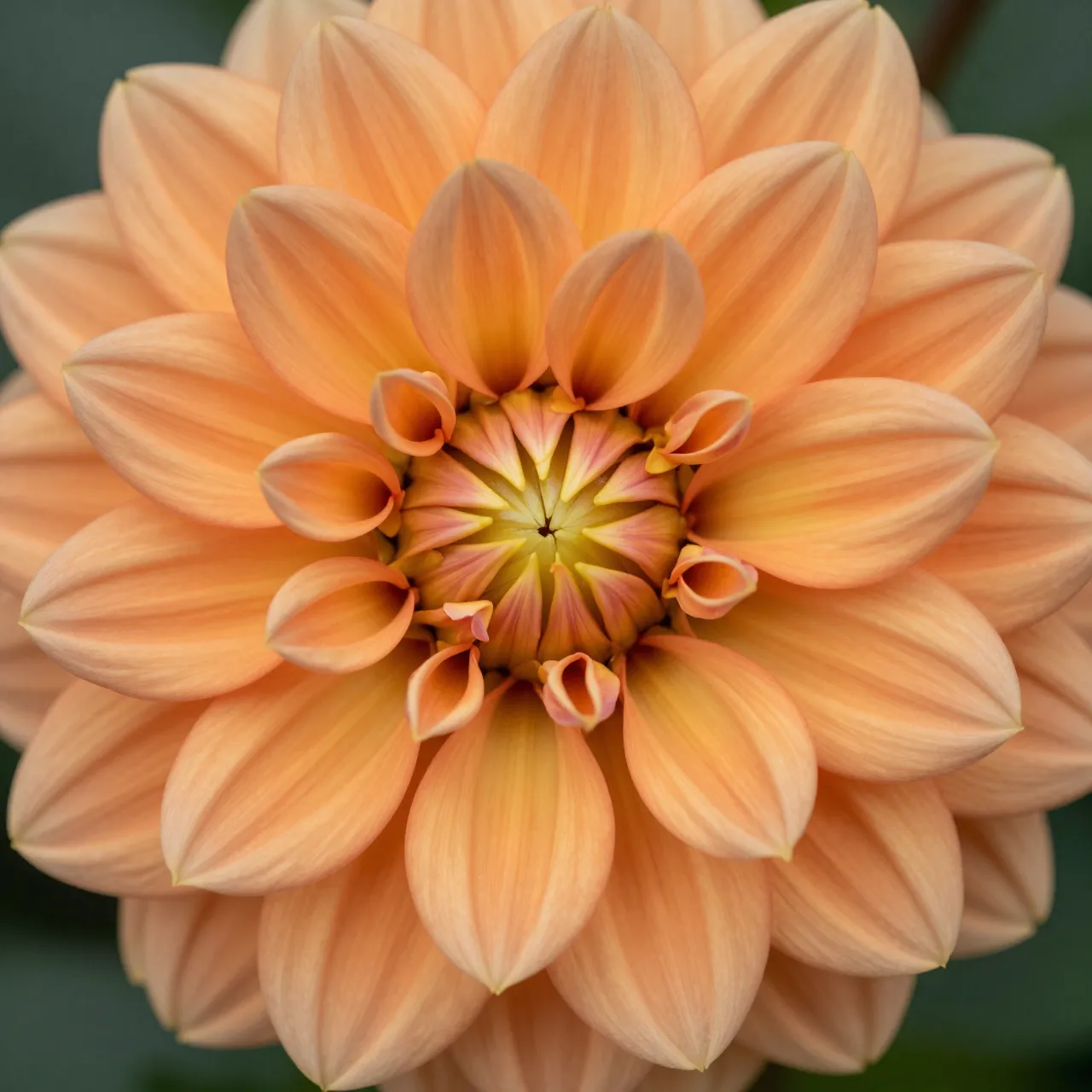 Overhead close-up of an orange dahlia bloom with a tight spiral of petals against a blurred green background