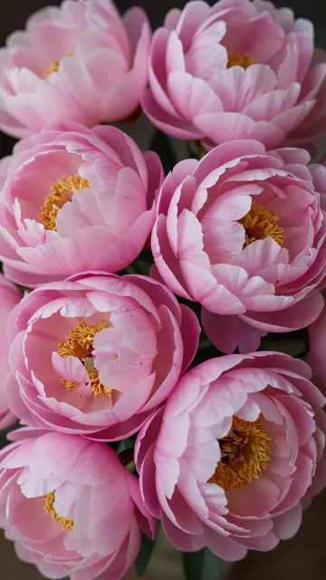 Vertical close-up of a dense cluster of soft pink peonies with golden yellow stamen centers.
