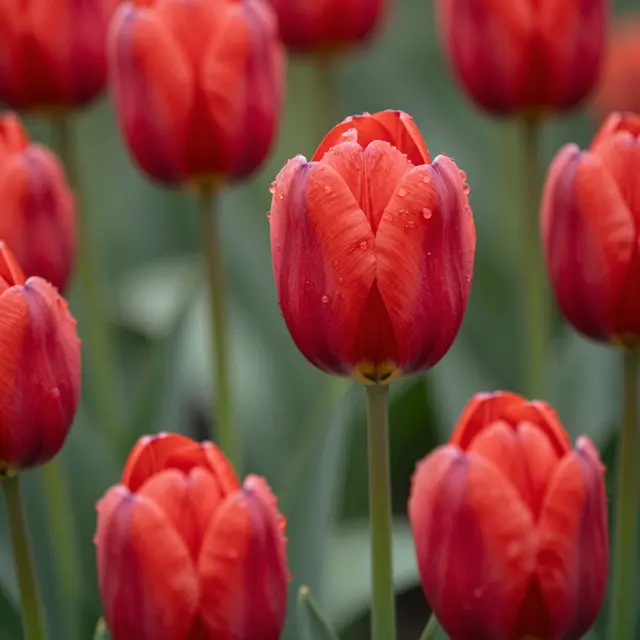 Sharp central red tulip dotted with dew drops, framed by soft blurred red tulips in green foliage