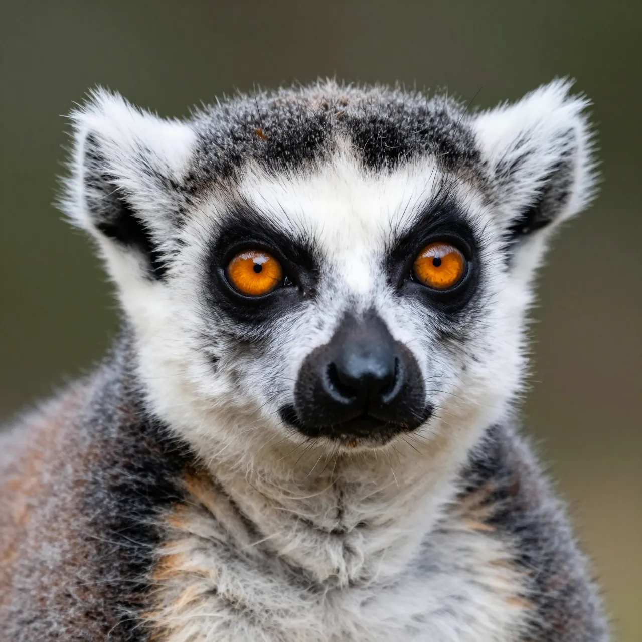 A sharp close-up portrait of a ring-tailed lemur facing the camera with bright orange eyes and a black nose.