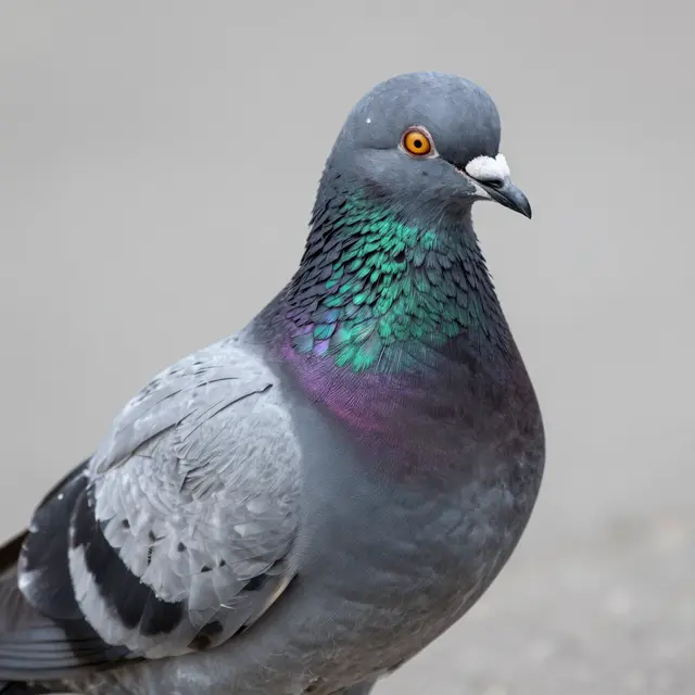 Close-up of a rock pigeon showing iridescent green and purple neck feathers against a soft neutral background