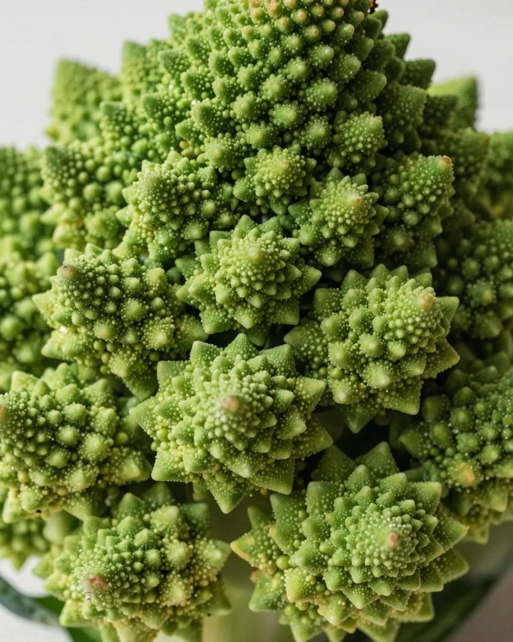 Detailed close-up view of the fractal spiraling green florets of fresh romanesco broccoli