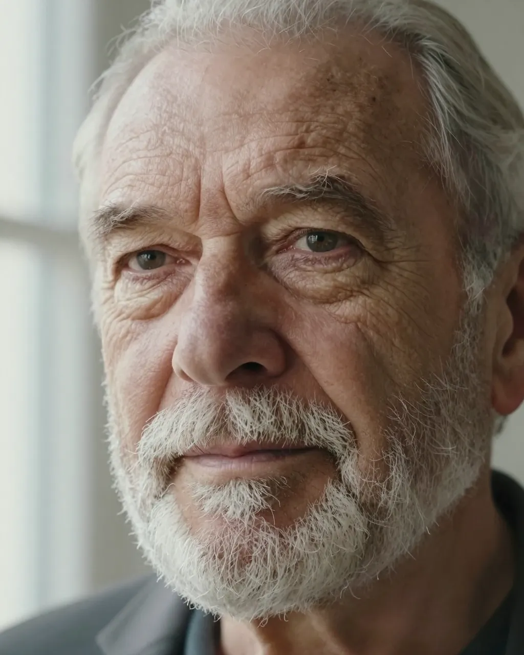 Close-up portrait of an elderly white man in his eighties with a white beard lit by soft window light