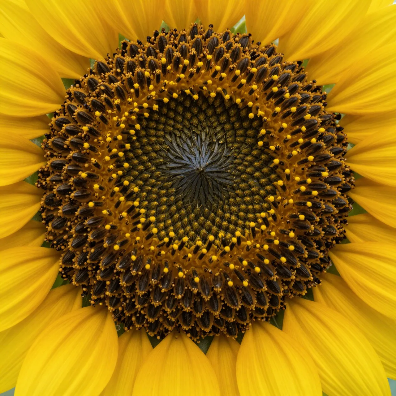 Extreme close-up of the detailed central seed disk and bright yellow petals of a sunflower
