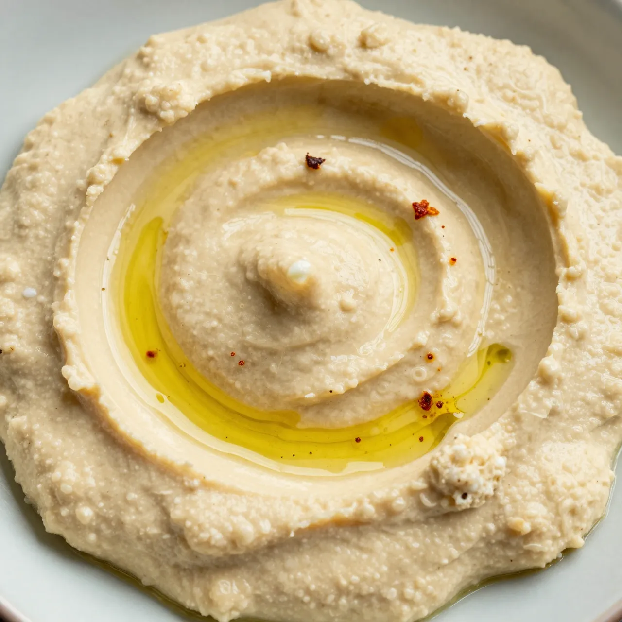 Top-down close-up of creamy swirled hummus topped with olive oil and red spice in a light bowl