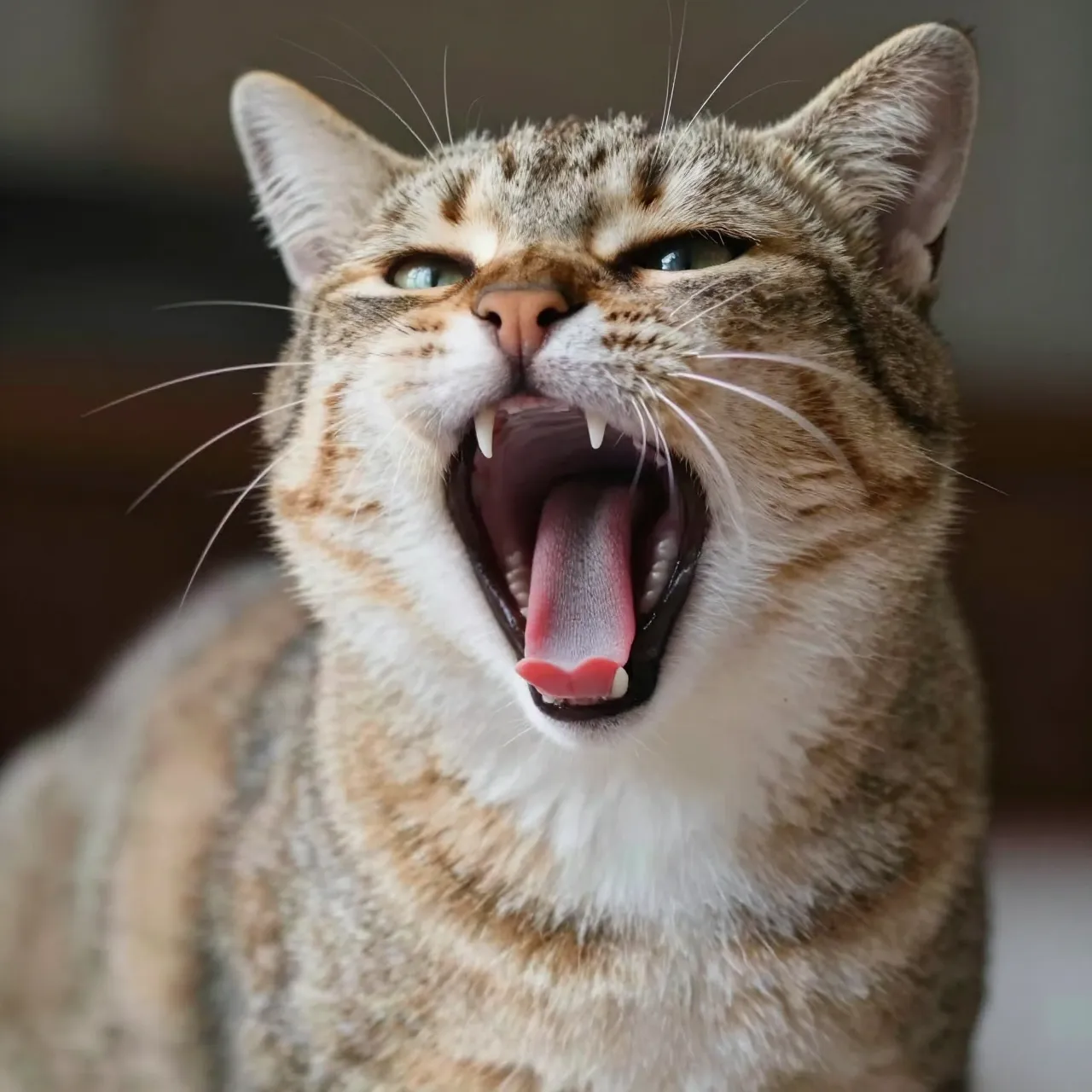 A close-up of a tabby domestic cat yawning widely with its mouth open and eyes half-lidded.