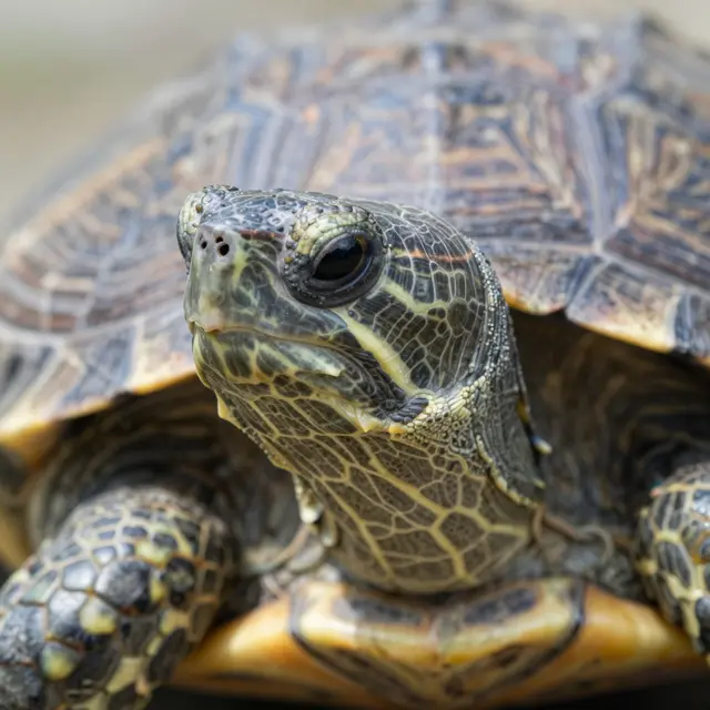 Sharp close-up of a patterned turtle's face and eye, with its shell softly blurred in the background