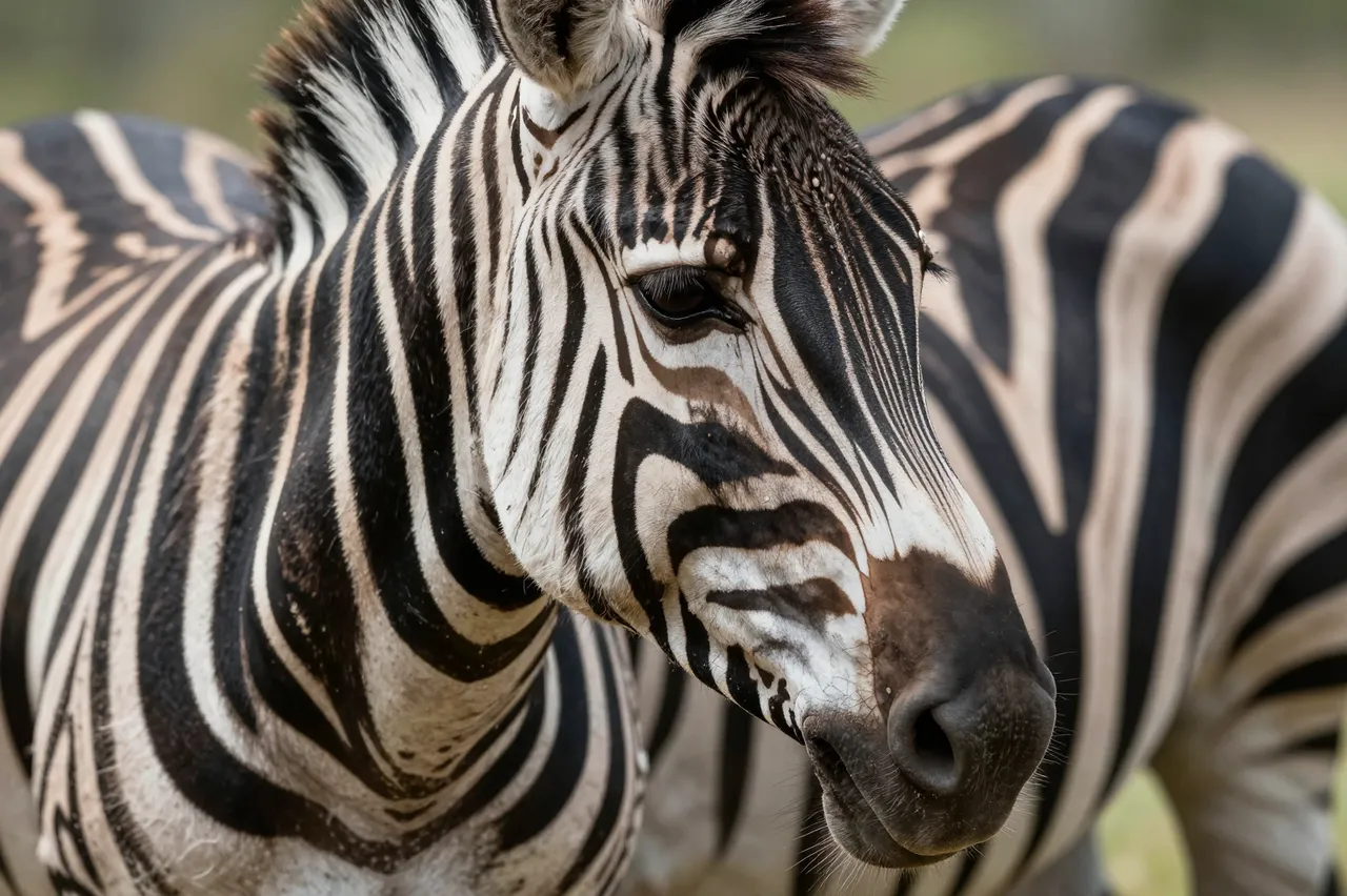 Close-up of a zebra's striped head, with its blurred body and savanna background behind it