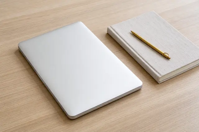 Overhead view of a closed silver laptop, linen notebook and brass pen resting on a pale oak desk
