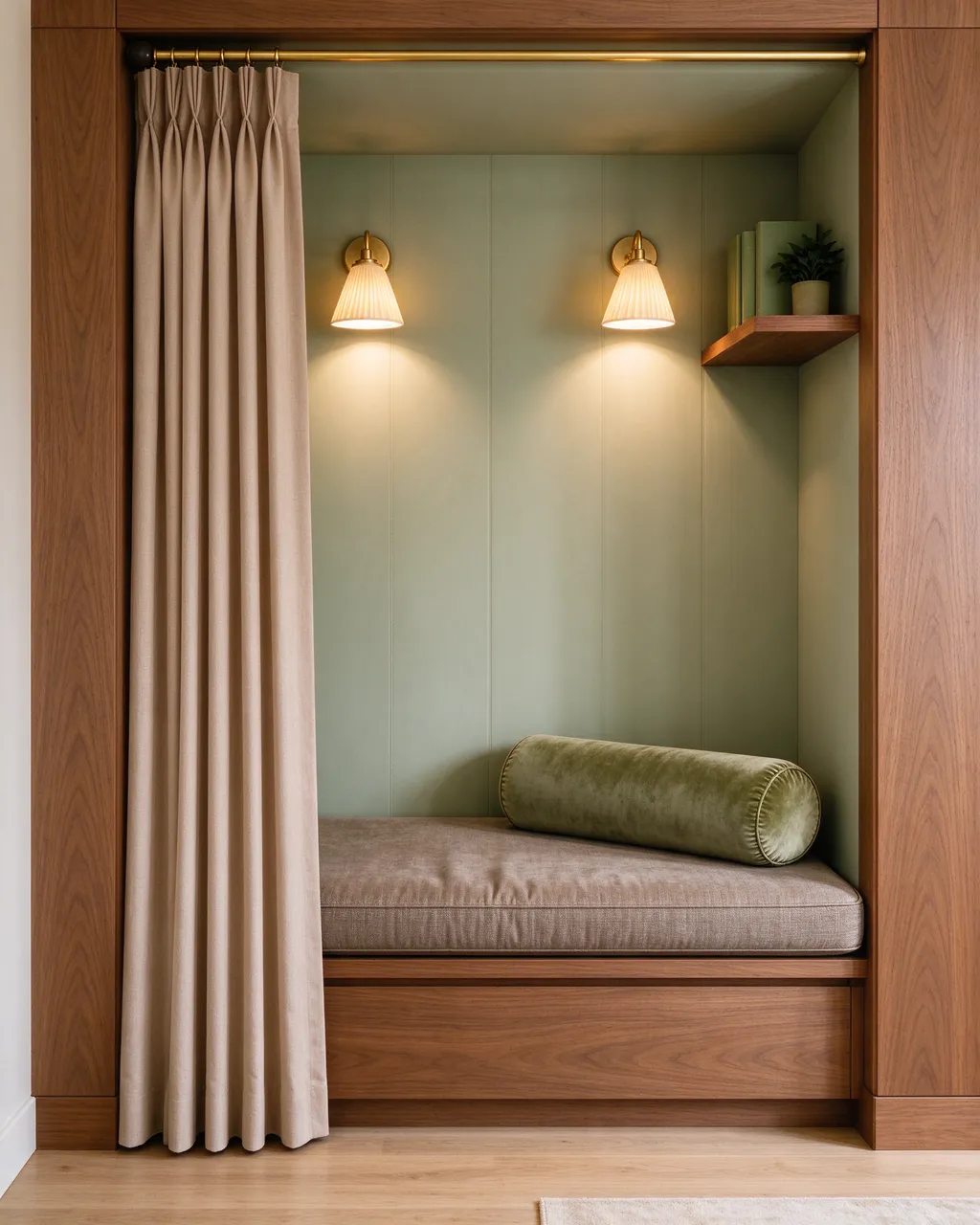 A built-in closet reading nook with cushion, curtain, brass wall lights and a velvet bolster pillow