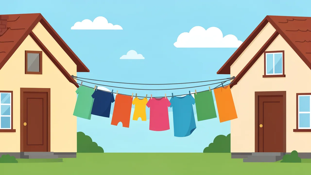 Colorful laundry hangs on a clothesline strung between two suburban houses under a bright blue sky