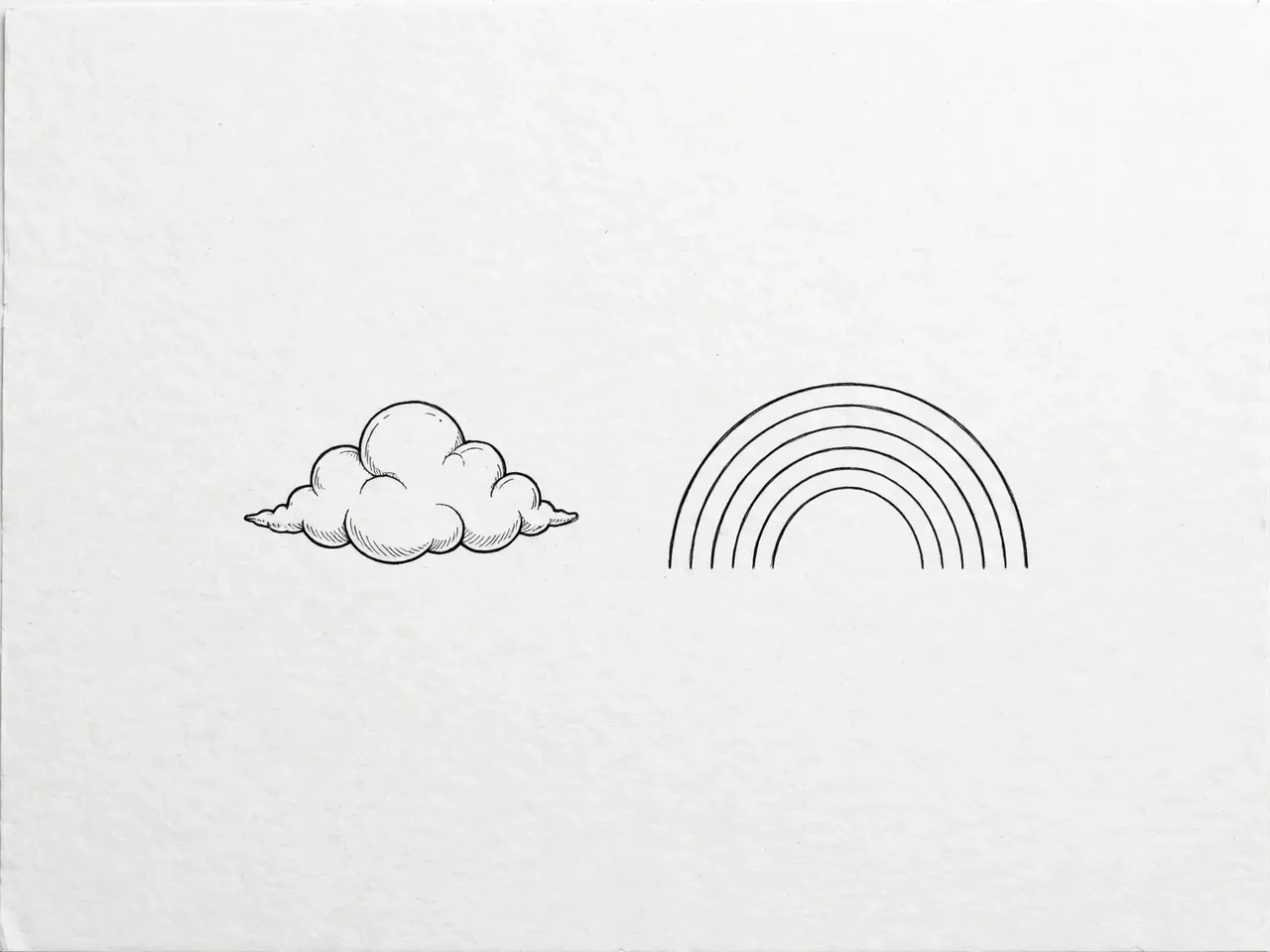 Simple hand-drawn line art of a puffy cloud and rainbow arc on plain off-white paper
