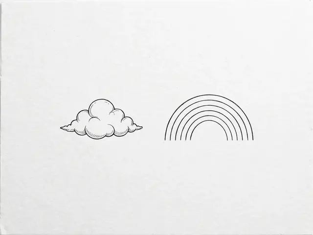 Simple hand-drawn line art of a puffy cloud and rainbow arc on plain off-white paper