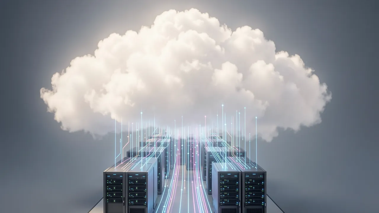 A fluffy glowing cloud sends bright light data streams down to rows of server racks