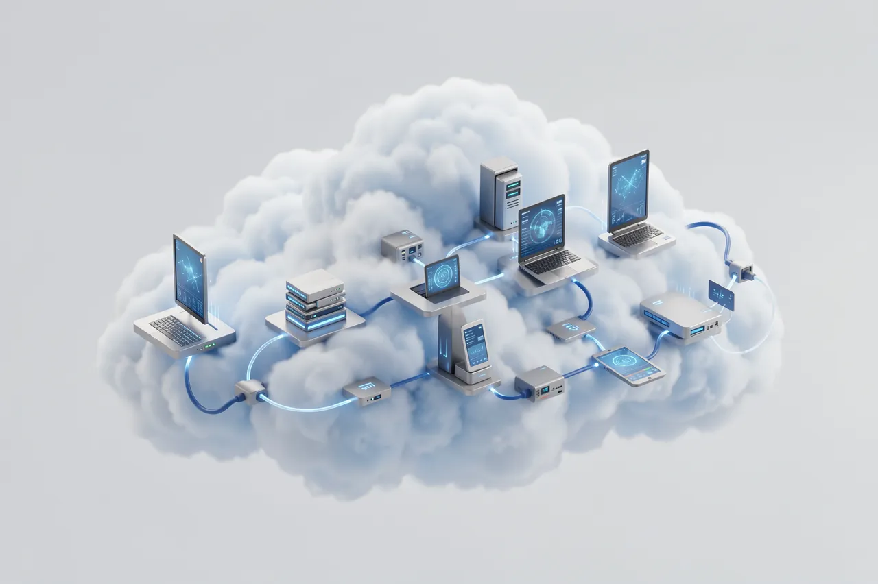 3D render of a fluffy cloud connected to laptops and tech devices with glowing data cables on a light gray background